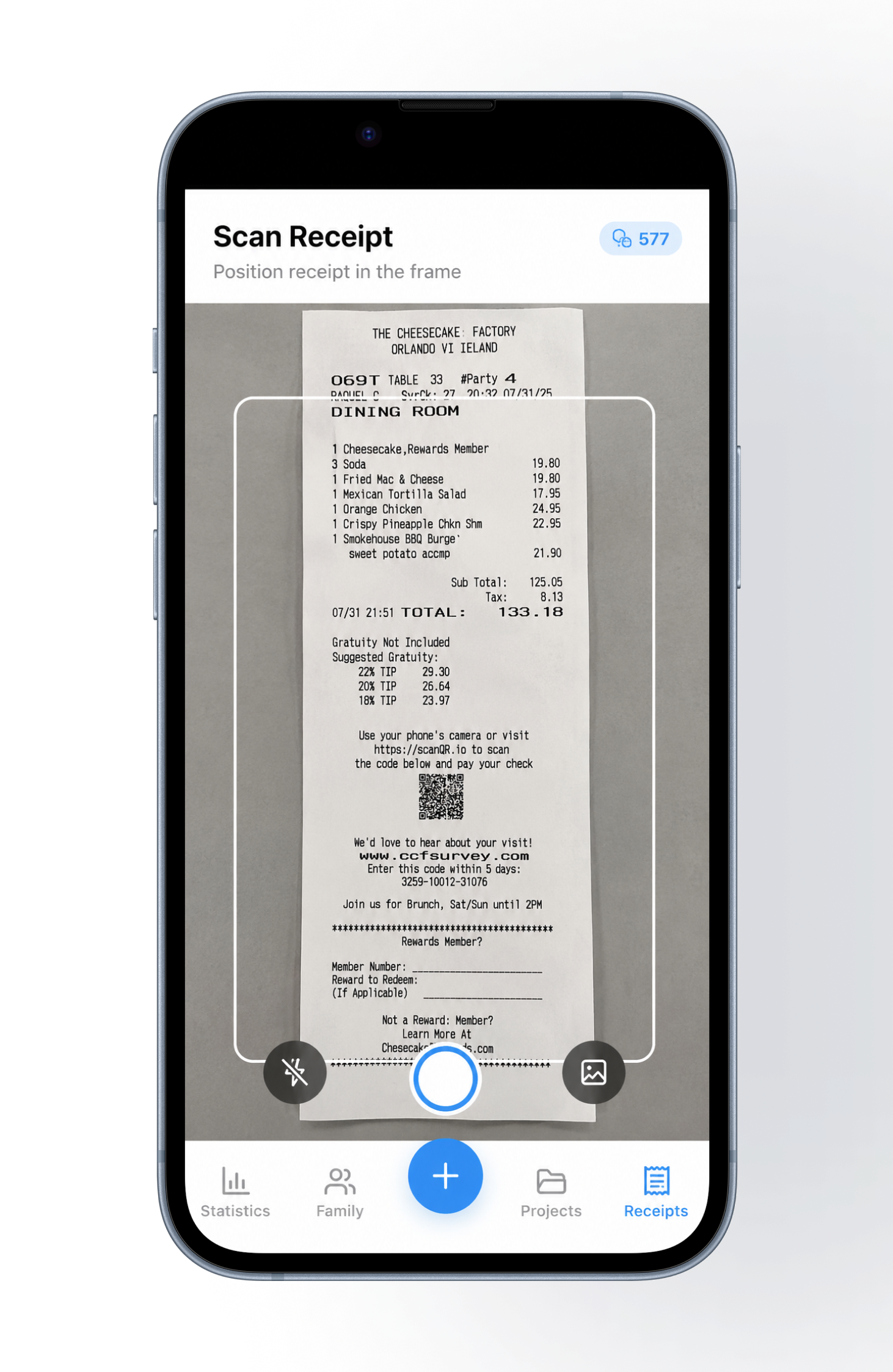 SplitSlip scanning a receipt from The Cheesecake Factory