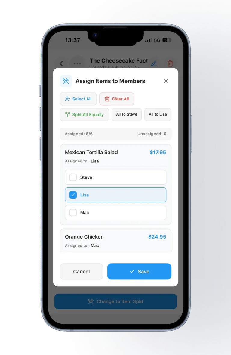 Item assignment in the SplitSlip app